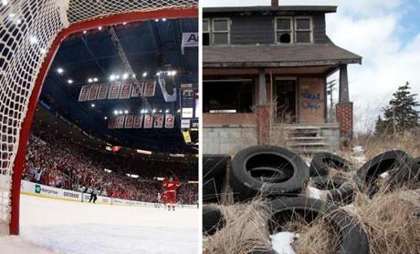 Joe Louis Arena and an abandoned house in Detroit. 
