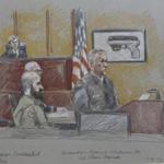 This courtroom sketch shows military prosecutor Lt. Col. Steve Henricks, right, speaking as Nidal Malik Hasan, center, and presiding judge Col. Tara Osborn look on during his court martial Tuesday.