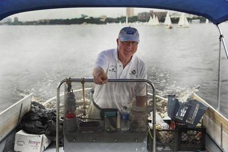 Tom McNichol is captain of the nonprofit Charles River Clean Up Boat, which has been pulling trash from the water for a decade.
