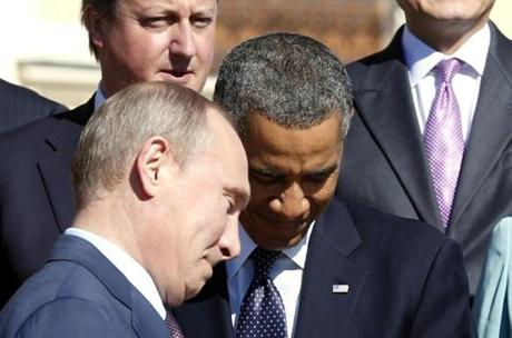 President Vladimir Putin and President Obama met in St. Petersburg but did not agree on Syria. 
British Prime Minister David Cameron (top left) also attended the summit.

