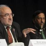 Michel Jarraud (left), Secretary-General of World Meteorological Organization, and Rajendra Pachauri, head of the UN Intergovernmental Panel on Climate Change, spoke Friday during the presentation of the report in Stockholm.