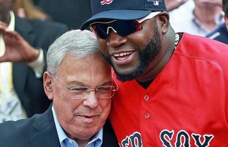 Mayor Thomas Menino (left) shared a moment with David Ortiz after throwing the ceremonial first pitch.
