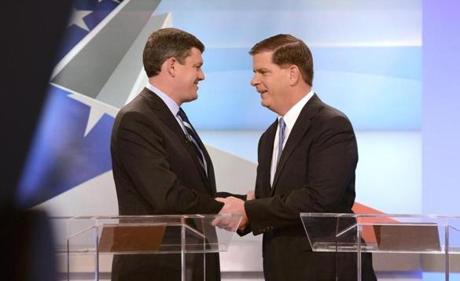 Boston mayoral candidates John Connolly (left) and Marty Walsh met in their first one-on-one debate. 
