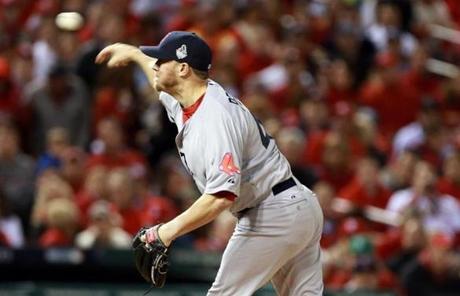 The Cardinals scored twice against Red Sox starting pitcher Jake Peavy in the first inning to take the lead.
