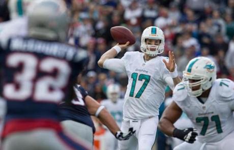 Dolphins quarterback Ryan Tannehill took to the air in the first quarter.
