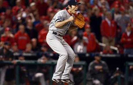 Koji Uehara reacted after the game’s final out.
