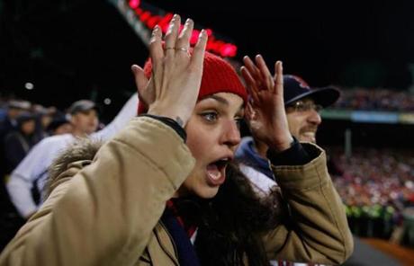 Julia Hill, of Providence, reacted as the Red Sox won.
