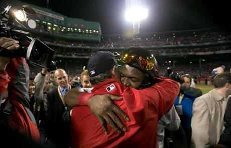 David Ortiz and John Farrell embraced after the game.
