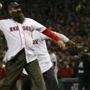 Former Red Sox Carlton Fisk (front) and Luis Tiant threw out ceremonial first pitches before Game 6.