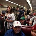 It was standing room only aboard an MBTA commuter train from Rockport as Red Sox fans headed to Boston.