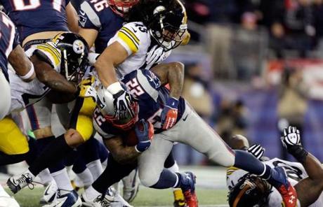 Stevan Ridley was stopped short of the goal line by Troy Polamalu.
