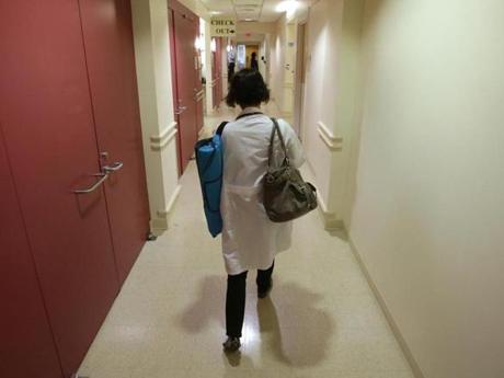 Dr. Aditi Nerurkar, who developed a stress management practice at Beth Israel Deaconess Medical Center, heads off to practice yoga.
