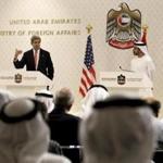 US Secretary of State John Kerry  and United Arab Emrites minister of foreign affairs Sheikh Abdullah bin Zayed Al Nahyan spoke at a joint press conference in Abu Dhabi on Monday.