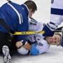 Lightning star Steven Stamkos is in a lot of pain after being injured in the second period (Jim Davis/Globe Staff).