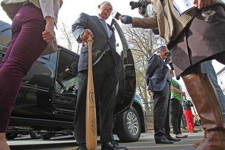 Mayor Menino is now sporting a “bat cane.” He attended a ribbon cutting Friday at the Mission Hill School.
