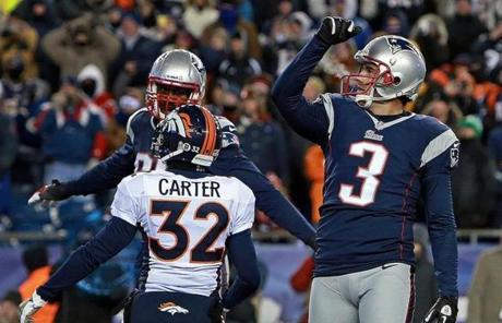 Stephen Gostkowski pumped his fist as he watched his game-winning field goal in overtime clear the crossbar.
