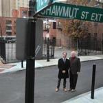 Paul Miller (left) and Mike Hanlon helped push an effort to rename the Shawmut Street Extension, where the Cocoanut Grove fire occurred.