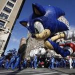 The Sonic the Hedgehog balloon floated down Central Park West during the 87th Macy's Thanksgiving Day Parade in New York.  