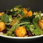 Beet salad, with goat cheese fritters and mandarin orange slices. 
