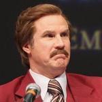 Will Ferrell as Ron Burgundy, with Emerson College president Lee Pelton, answered questions at a news conference at the school.