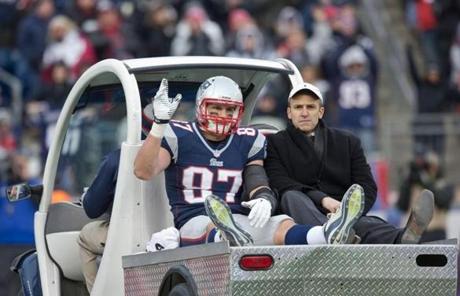 Rob Gronkowski waved as he was being taken from the field after an injury.
