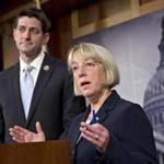 Representative Paul Ryan (left), chair of the US House Budget Committee, and and Senator Patty Murray, US Senate Budget Committee Chairwoman, announced their tentative agreement at a news conference on Tuesday.