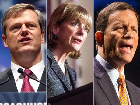 Republican Charles Baker (left), and Democrats Martha Coakley (center) Steve Grossman have failed to gain traction in raising funds for the 2014 election.
