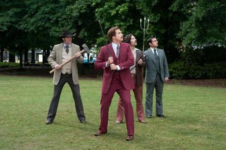The sequel gives the original news team from “Anchorman” — played by (from left) David Koechner, Will Ferrell, Paul Rudd, and Steve Carell — a slot at the Global News Network.
