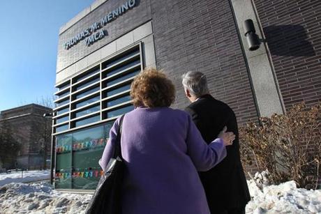 Mayor Thomas M. Menino and his wife, Angela, got a look Thursday at the new sign on the Hyde Park YMCA where he spent time as a youth growing up in the neighborhood.
