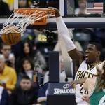 Ian Mahinmi jams home 2 points with authority over Kelly Olynyk in the same way the Pacers slam dunked the Celtics from beginning to end.