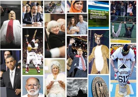 First column: Rob Ford; President Obama. Second row: Mandy Patinkin as Saul Berenson in “Homeland”; Red Sox relief pitcher Koji Uehara and catcher Jarrod Saltalamacchia; James “Whitey” Bulger. Third row: A still from the movie “Sharknado”; Janet Yellen; Paula Deen. Fourth row: Malala Yousafzai; Catherine, Duchess of Cambridge, Prince William, and their newborn son, George; Boston Mayor-elect Martin J. Walsh; The Capitol building in Washington, D.C. Fifth row: Healthcare.gov; Vegard Ylvisaker of Ylvis; the National Security Agency seal. Sixth row: Detroit Tiger Torii Hunter and Boston police officer Steve Horgan; Jonny Gomes of the Red Sox. 
