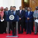 Ethiopian Foreign Affairs Minister Tedros Adhanom (center) delivered a speech as Kenyan President Uhuru Kenyatta at the state house in Nairobi during a heads of state meeting held by the East African body known as the Inter Governmental Authority on Development (IGAD).  