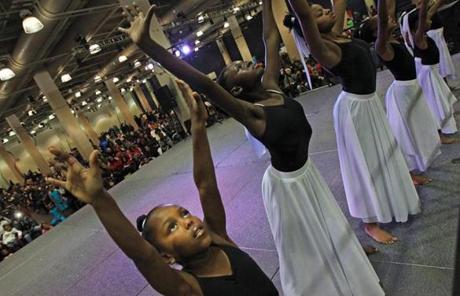 Performers with the Jo-Me Dance Company were at the Hynes Convention Center as part of First Night activities.
