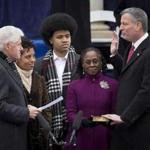 Bill De Blasio was ceremonially sworn in as the 109th mayor by former president Bill Clinton Wednesday. With them were De Blasio’s wife, Chirlane McCray, and children, Chiara and Dante.


