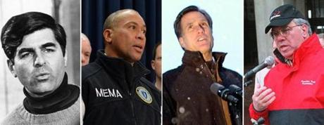 Governor Deval Patrick (center) sports a fleece vest during snowstorms. In the Blizzard of 1978, Governor Michael Dukakis’s sweater drew much attention. Boston Mayor Thomas M. Menino’s style was called “comfy confident.”
