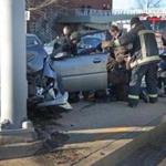 A man was taken taken to the hospital this afternoon after crashing into a light pole in Dorchester, officials said. 