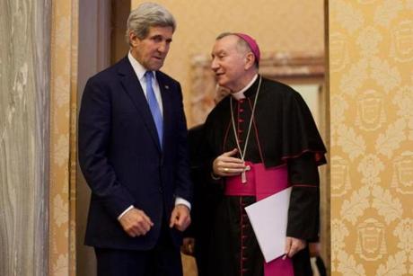 John Kerry met with his Vatican counterpart, Pietro Parolin, Tuesday, becoming the first secretary of state in early nine years to visit the Vatican.
