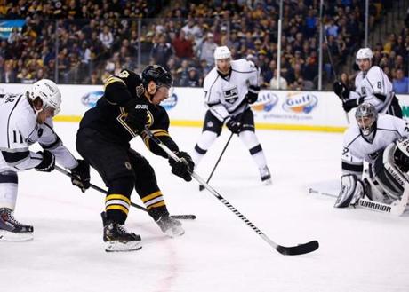 Brad Marchand wheels in front of the net to score a shorthanded goal in the first period.. (Photo by Jared Wickerham/Getty Images)

