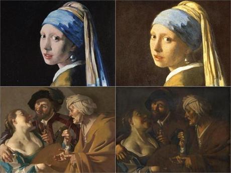John Myatt’s “Girl with a Pearl Earring” (top left) is a copy of Vermeer’s original (top right). Han van Meegeren’s “The Procuress” (above right) is a forgery of Dirck van Baburen’s 1622 painting (above left).

