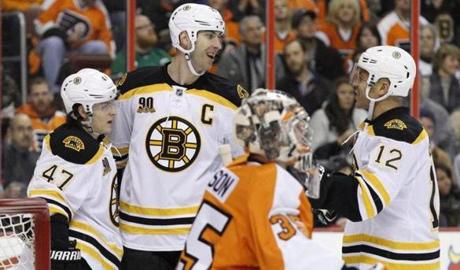 Zdeno Chara, center, celebrated his power play goal with Torey Krug, left, and Jarome Iginla, right. (AP Photo/)
