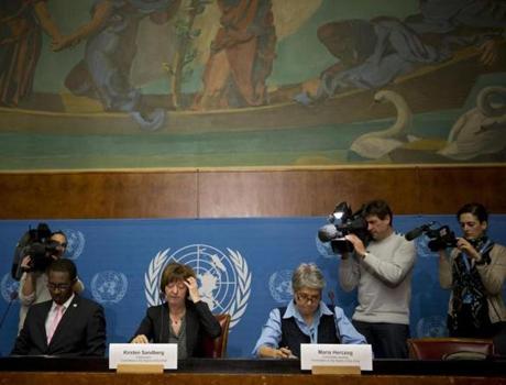 Kirsten Sandberg (center) chairwoman of the United Nations Committee on the Rights of the Child, at a press conference at the United Nations headquarters in Geneva on Wednesday.
