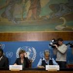Kirsten Sandberg (center) chairwoman of the United Nations Committee on the Rights of the Child, at a press conference at the United Nations headquarters in Geneva on Wednesday.
