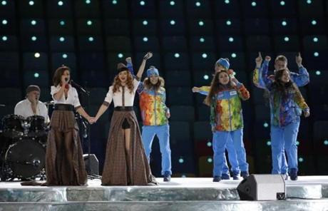 Yulia Volkovaa and Lena Katina of Russian pop duoTatu performed before the start of the Opening Ceremony.
