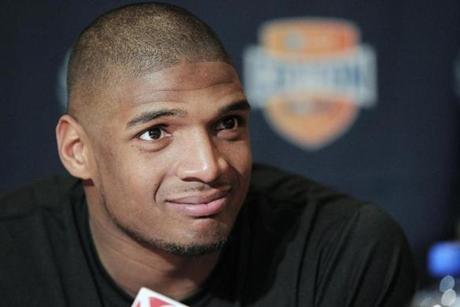 Michael Sam spoke to the media during a news conference in Irving, Texas, in Jan. 1.
