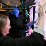 An illustrious past, clockwise (from top left): James Cromwell, “Your Father’s Mustache,” “Blue Man Group,” Louis Zorich and Olympia Dukakis in “The Balcony,” Jill Clayburgh, Steven Wright (in hat), Al Pacino, Jane Alexander. Above: BU student Megan Tucker meets a Blue Man in the Charles’s refurbished lobby.