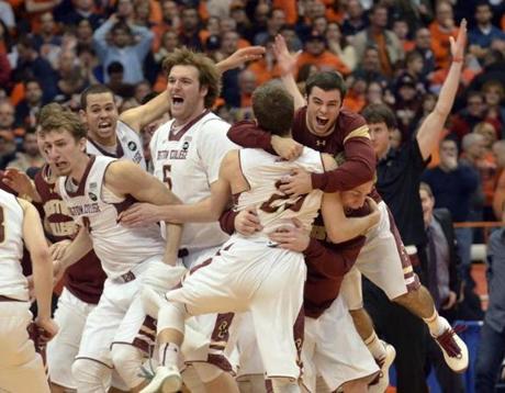 Boston College players celebrated after defeating Syracuse.

