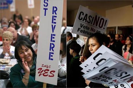Dueling sides on the casino issue hit the streets Sunday. Diane Santoro (left) backs the plan and joined a rally in Revere. Estella Pineda (right) issued signs in opposition at Immaculate Conception Church before a march.
