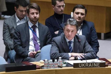 Ukraine's U.N. Ambassador Yuriy Sergeyev spoke during an U.N. Security Council meeting on his country's political crisis,. 
