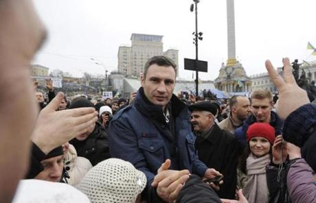 Protest leader Vitali Klitschko greeted people in Kiev during a demonstration Sunday.
