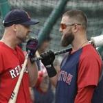 David Ross (left) had a pregame chat with Mike Napoli before the Red Sox took on the Braves Friday. . (AP Photo/Steven Senne) 